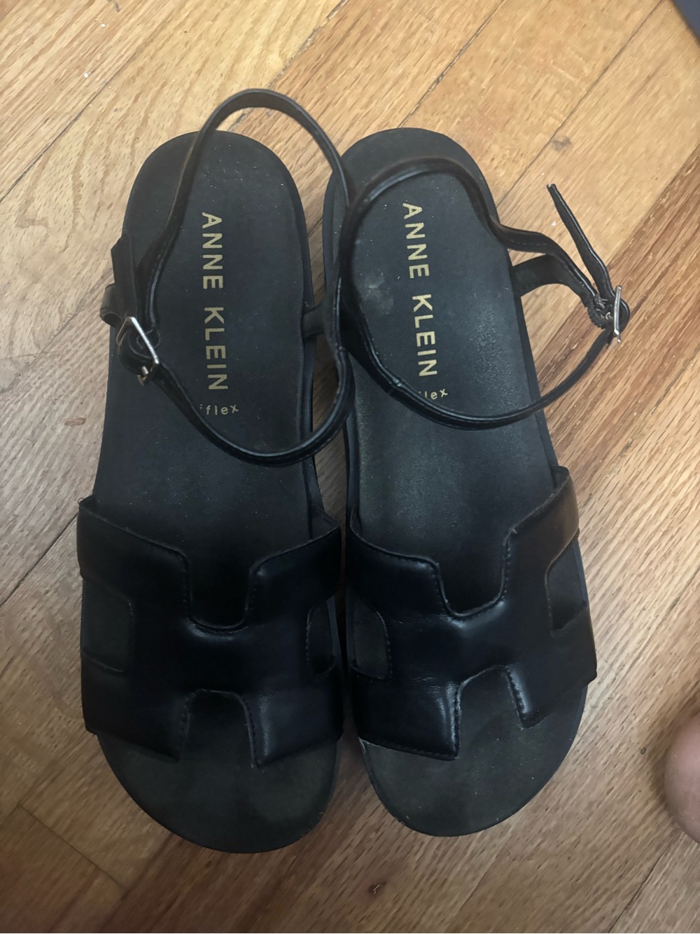 Anne Klein Black Leather Strappy Sling Sandals
